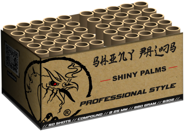 Shiny Palms, 50 Schuss, NEM: 680g, Kaliber: 25mm, Brenndauer ca. 45 Sekunden