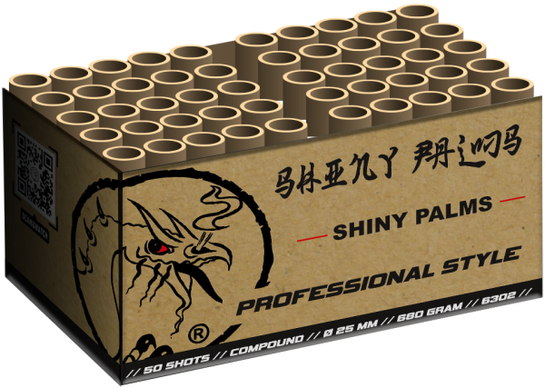 Shiny Palms, 50 Schuss, NEM: 680g, Kaliber: 25mm, Brenndauer ca. 45 Sekunden